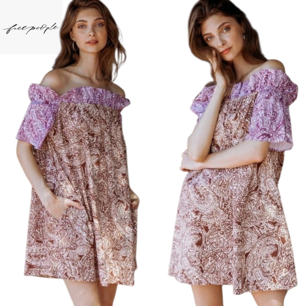 Free People Sophie Off The Shoulder Printed Mini Dress XS